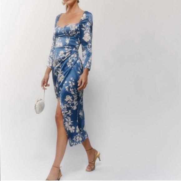 Reformation Blue and White Long Sleeve Floral Silk Gloriana Dress - Picture 1 of 10